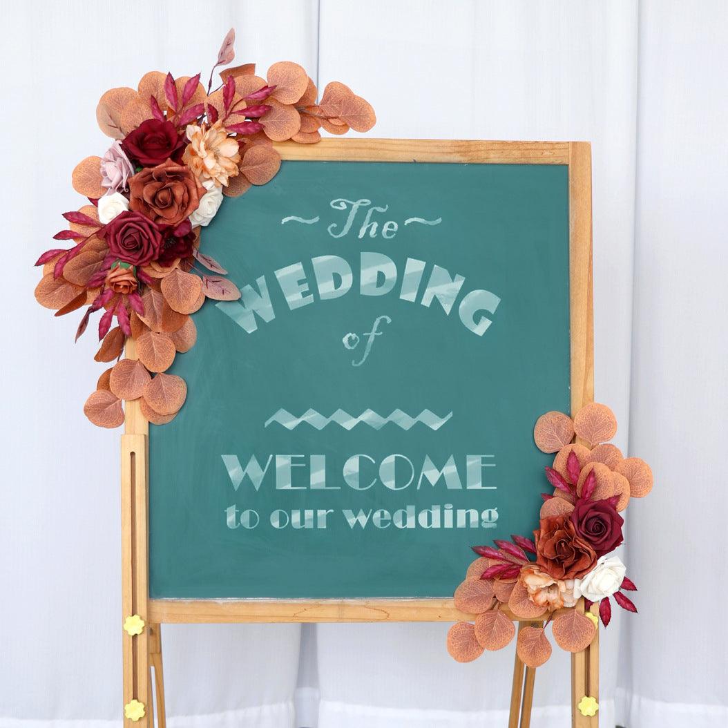 Simulated Autumn Rose Eucalyptus Leaf Silk Flower Wedding Welcome Sign Flower Art Guide Sign Prop